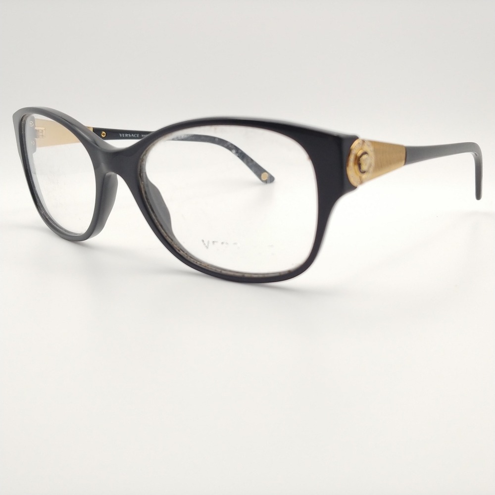 Versace Eyeglass Frames Women 54-17-135 Black Gold Medusa Crystal 3168-B Cat Eye